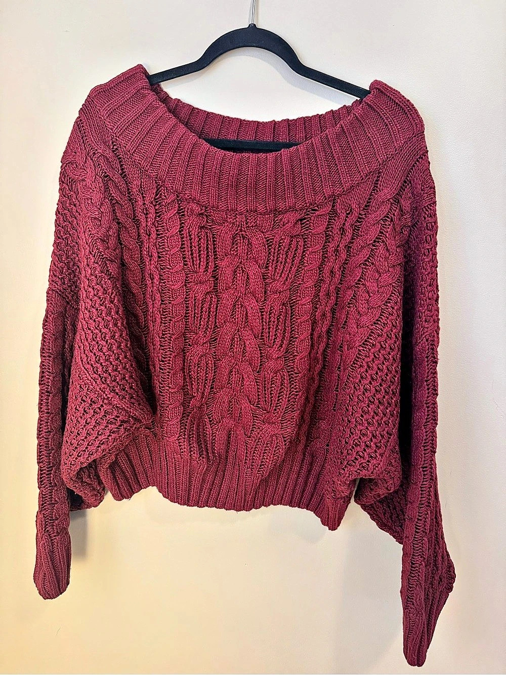 ANTHROPOLOGIE Burgundy Cable Knit Cropped Dolman Sleeve Sweater LARGE L